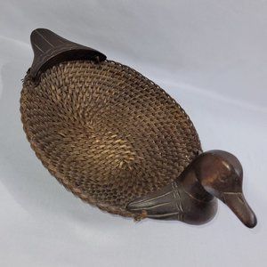 Vintage Wooden Duck Wicker Basket Wood Head Tail 9" x 14"